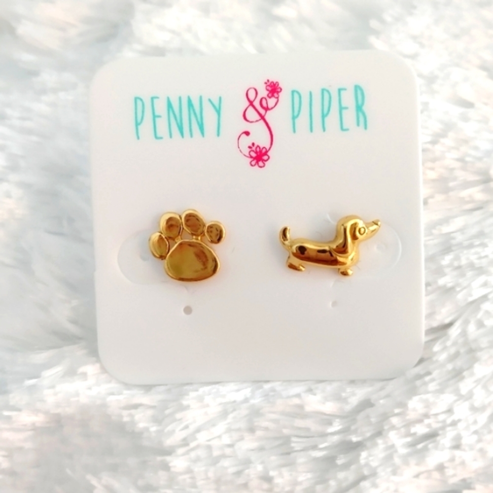 ⭐14k Gold Plated Hypoallergenic Mismatch Sterling Dachshund Dog Paw Print Studs
